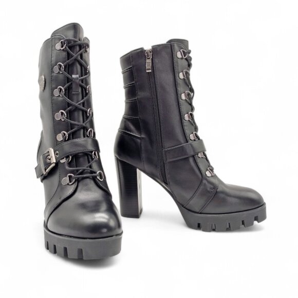 Milwaukee Women's Size 9 Black Leather Lace Up Block Heel Buckle Strap Moto Boot - Picture 10 of 14